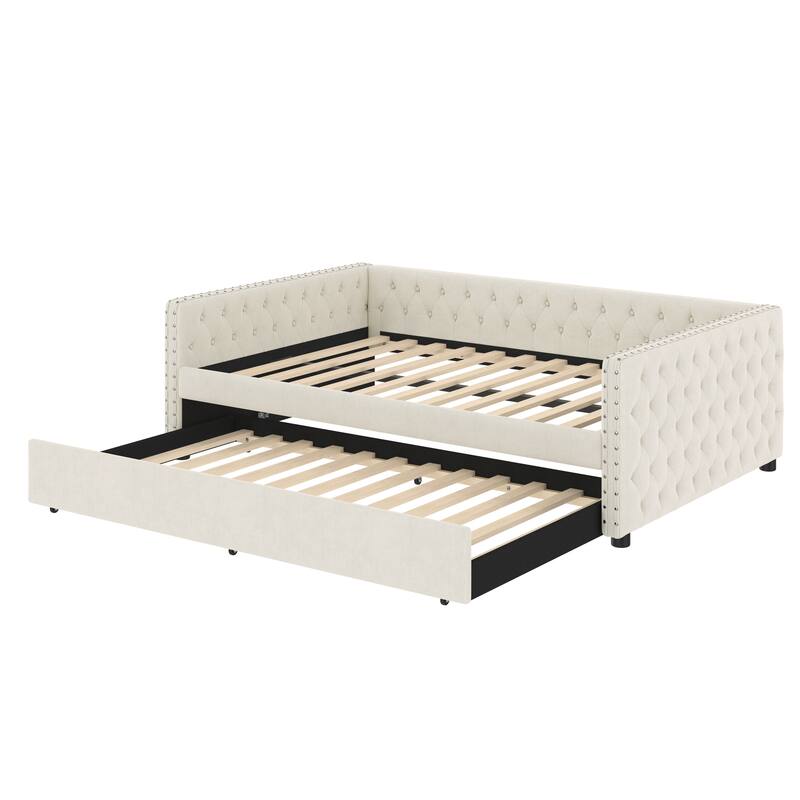 Full Size Upholstered Daybed with Trundle, Tufted Sofa Bed with Rivet-Trimmed Arms and Button Detail
