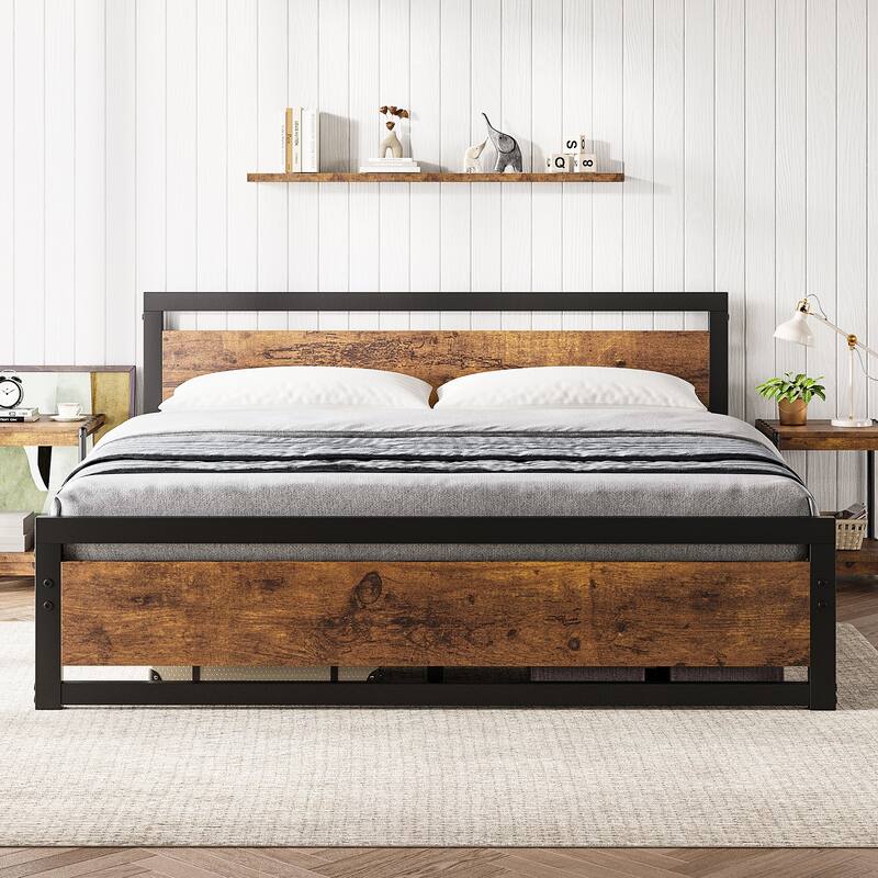 Metal Bed Frame with Headboard No Box Spring Needed - King