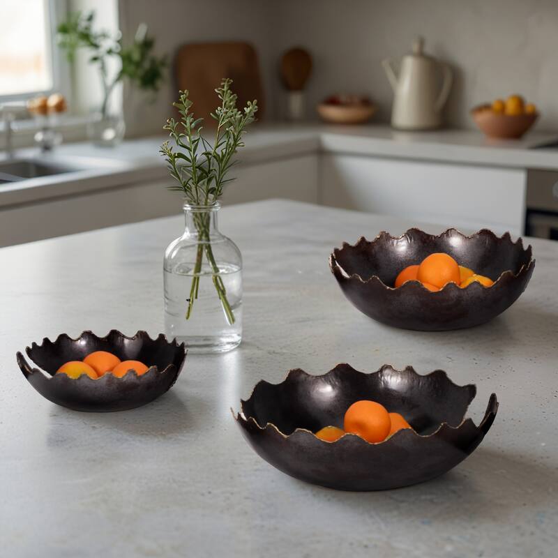 Sagebrook Home Black Metal Chipped Bowls, Decorative 12/15/18 Inch Home Accents, Centerpiece for Decor, Set of 3 - Chipped Black - 18" x 18" x 6"