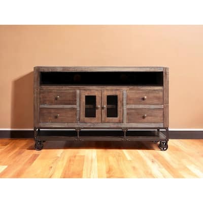 HomeRoots 62" Brown Solid Wood Cabinet Enclosed Storage Distressed TV Stand - 61.75' X '38' X '17.75