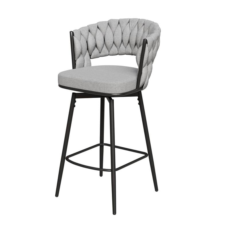 Swivel Bar Stools Set of 2, Upholstered Kitchen Island Chair with Woven Back, Counter Height Chair with Footrest