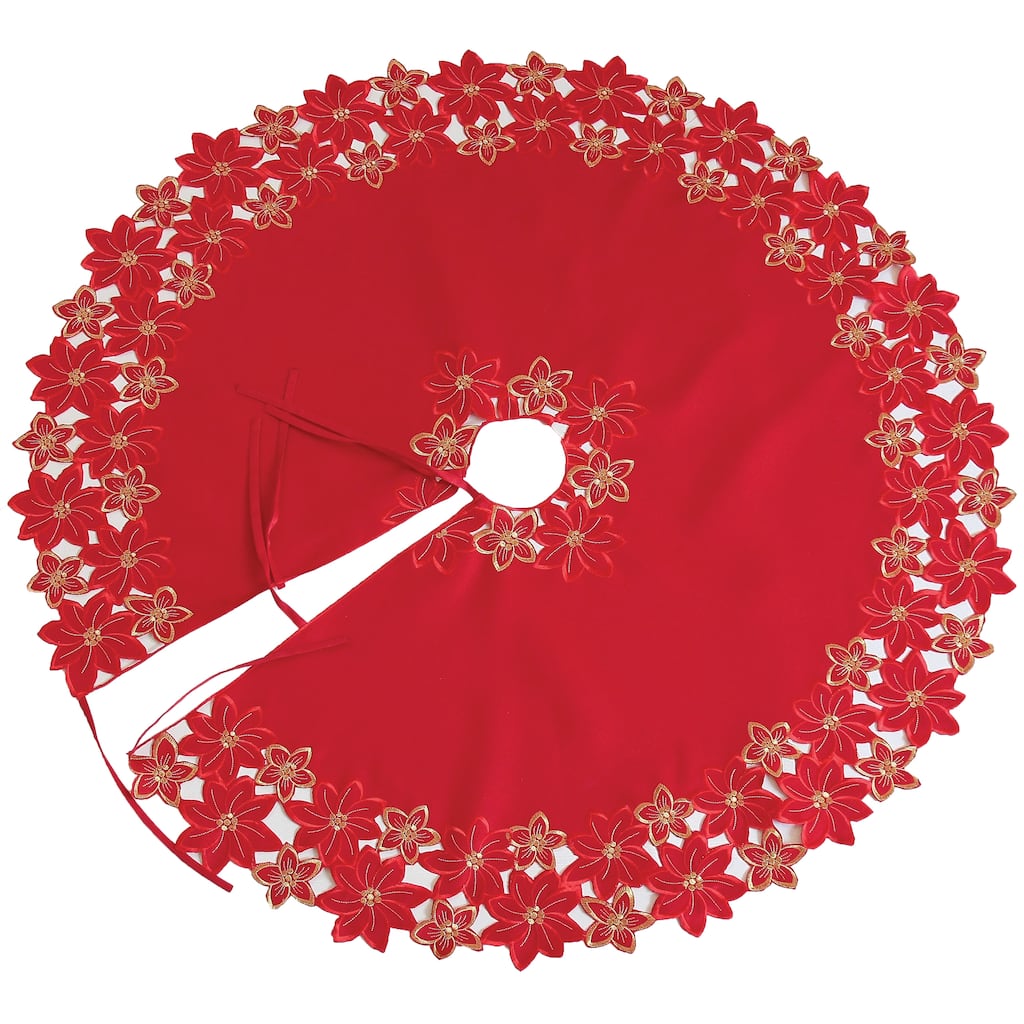 Festive Poinsettia Embroidered Cutwork 48 Round Christmas Tree Skirt - N/A