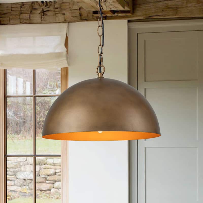 1-Light Antique Brass Industrial Dome Pendant - 15.0in