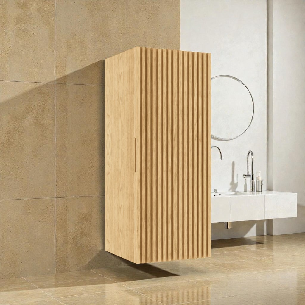 12" Wall-Mounted Floating Bathroom Vanity Side Cabinet, Striped Plywood Storage Cabinet with Door & Shelf, Soft-Close Design