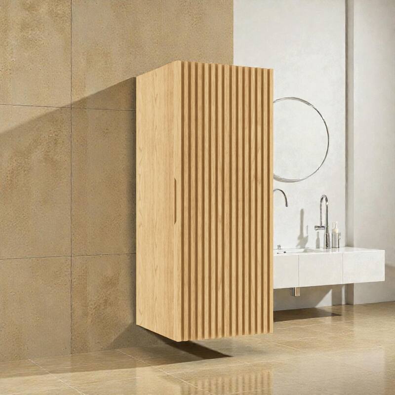 12" Wall-Mounted Floating Bathroom Vanity Side Cabinet, Striped Plywood Storage Cabinet with Door & Shelf, Soft-Close Design - Light Oak