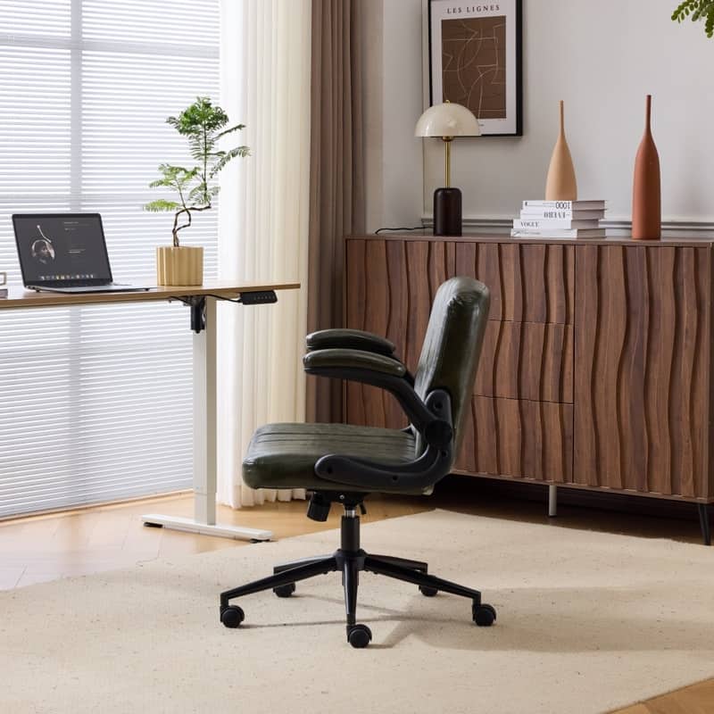 Oil-Waxed Leather Swivel Chair With Flip-Up Armrests