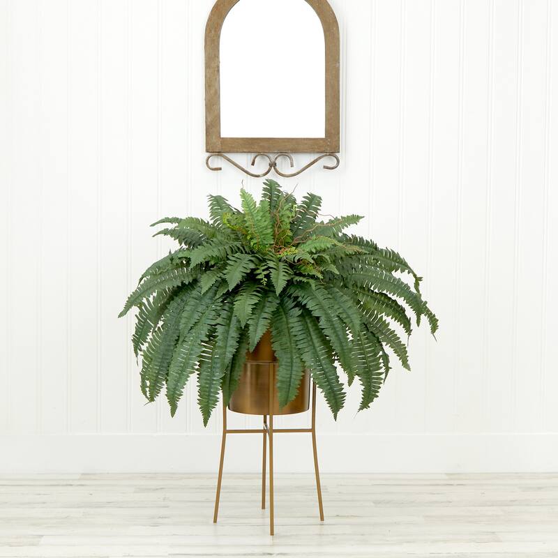 32" Artificial Boston Fern Plant with Metal Planter with Stand DIY KIT