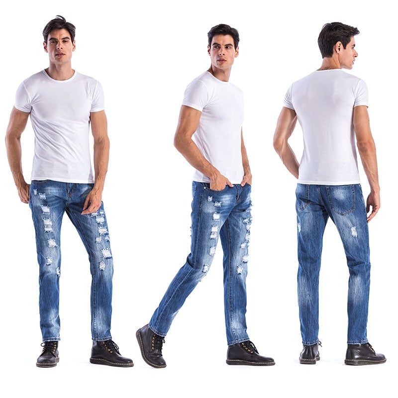 Shop Hemiks Men S Casual Ripped Straight Broken Hole Legs Denim