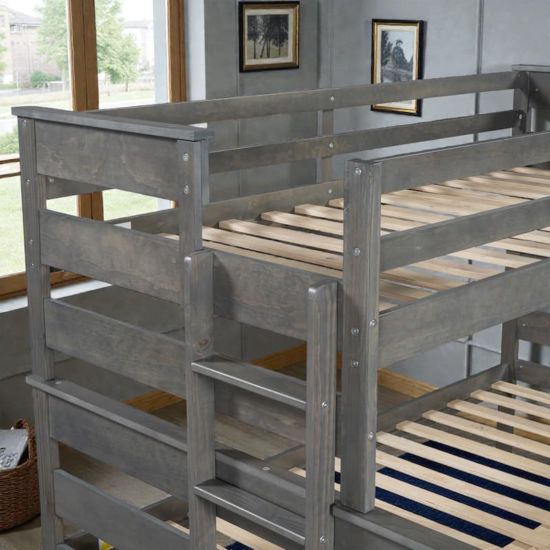 Wood Twin XL over Queen Bunk Bed with Ladder, Solid Pine Detachable Bunk Frame with Guardrails and Slat Support