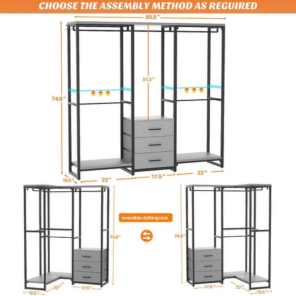 dimension image slide 1 of 4, 65.6'' Heavy-duty Garment Rack, Freestanding Closet Organizer with Fabric Drawers and 5 hanging Rods