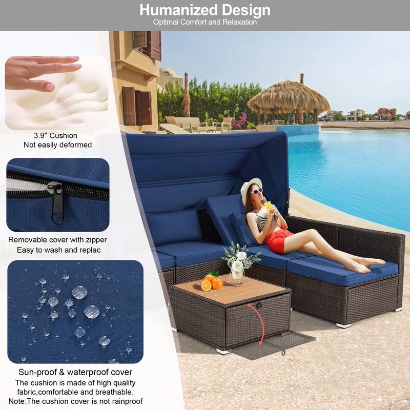 Erommy 6-Piece Patio Set - Rattan Daybed with Canopy & Adjustable Backrest