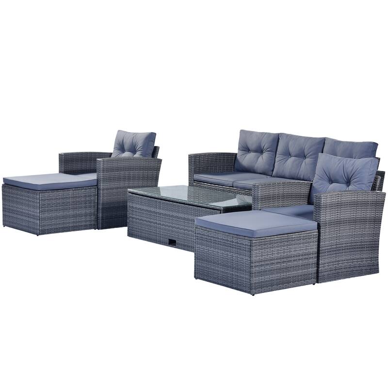 6-piece All-Weather Wicker PE rattan Patio Outdoor Dining Conversation Sectional Set with coffee table