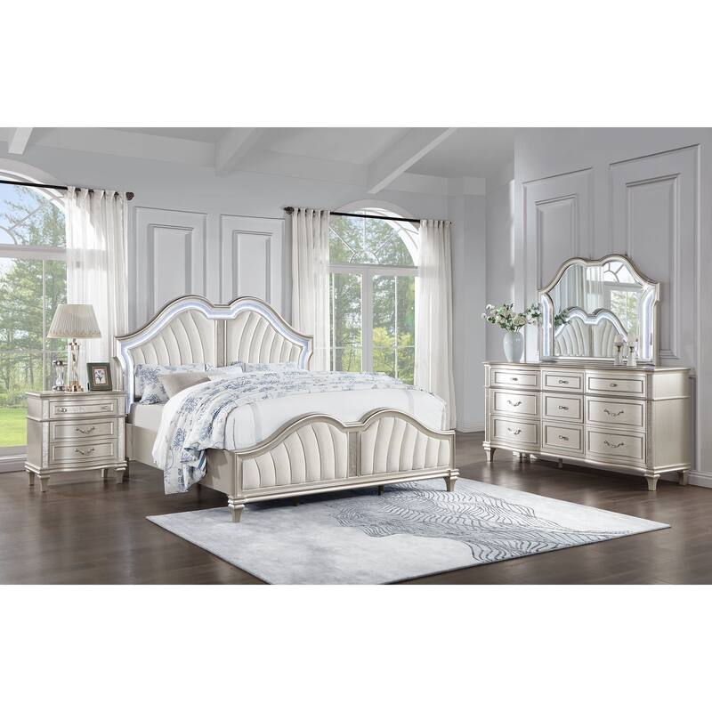 Evangeline Upholstered Platform Bedroom Set Ivory and Silver Oak - Queen - 4 Piece