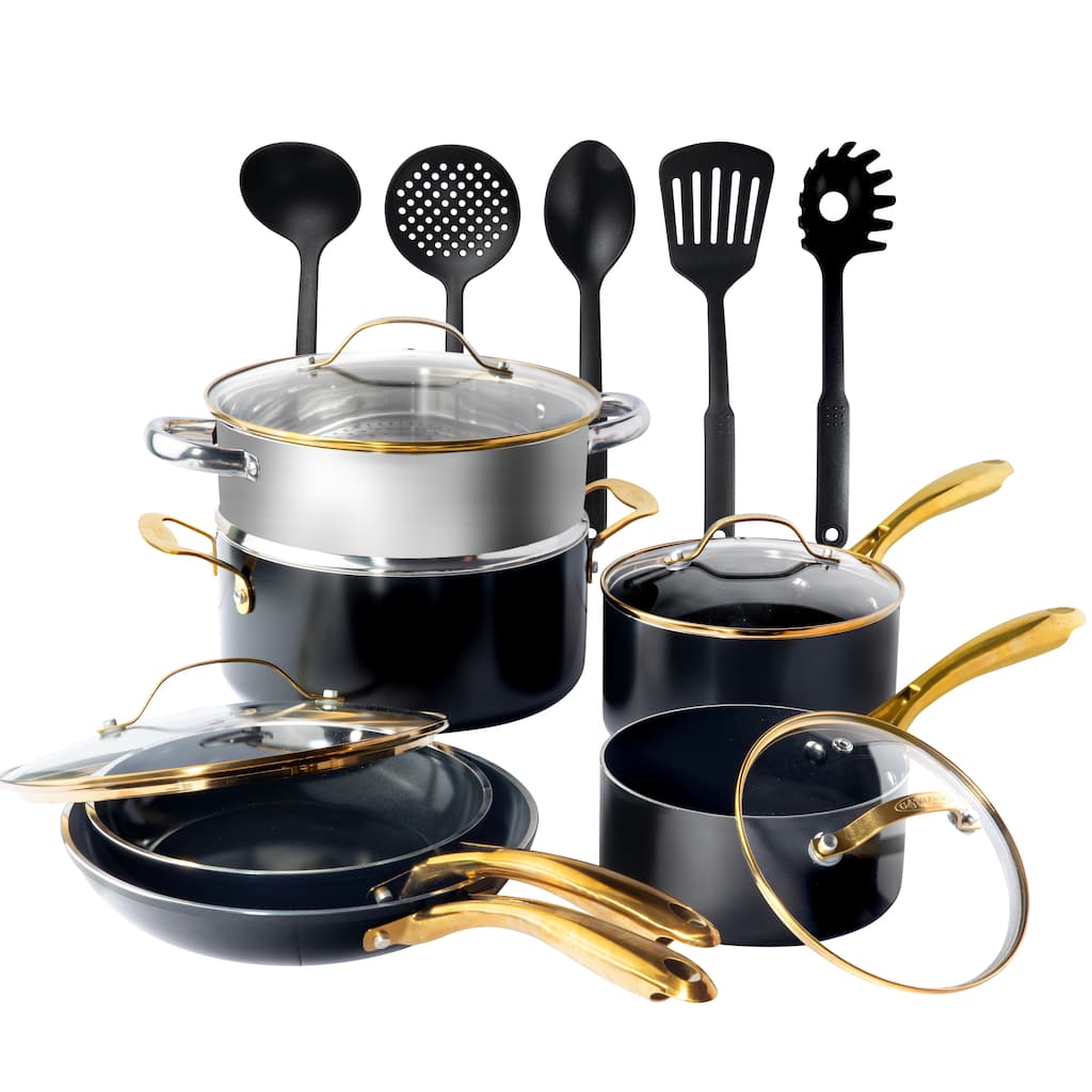 Gotham Steel Black Pots and Pans 15 Piece Ultra Nonstick Ceramic Cookware Set with Utensils