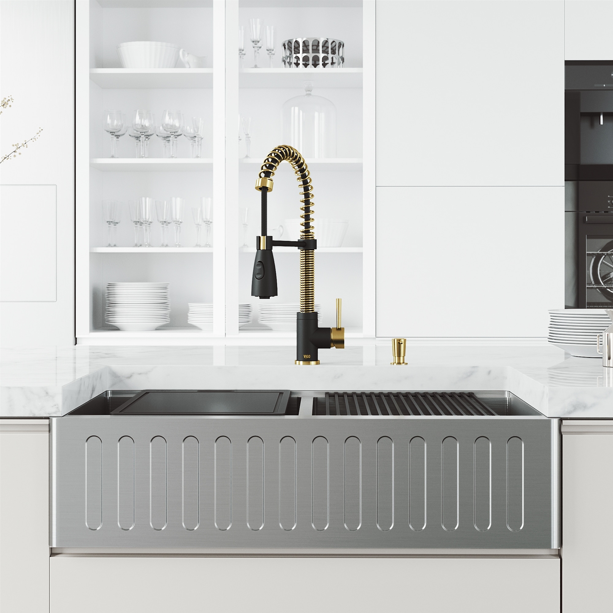 Vigo 36 In Apron Front Double Bowl Stainless Steel Farmhouse Kitchen Sink And Faucet In Matte Brushed Gold And Matte Black On Sale Overstock 31673854
