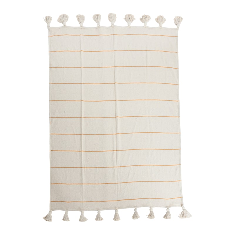 Striped Cotton Throw Blanket with Tassels - White
