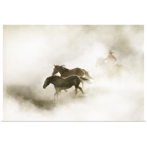 "Cowboy rounding up horses in morning fog" Poster Print