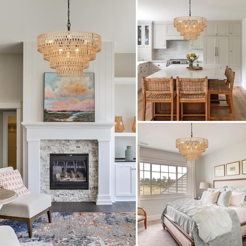 Rattan Chandelier, 6-Light Dining Room Light Fixture, Wicker Pendant Lighting with 4-Tier Woven Lampshade, Ceiling Lamp