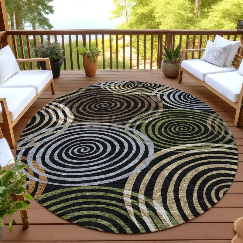 Machine Washable Indoor/ Outdoor Contemporary Swirls Chantille Rug - Black - 8' x 8'