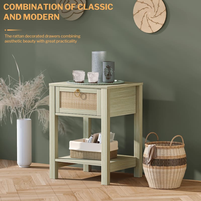 SICOTAS Farmhouse 1-Drawer Rattan Nightstand Set of 2
