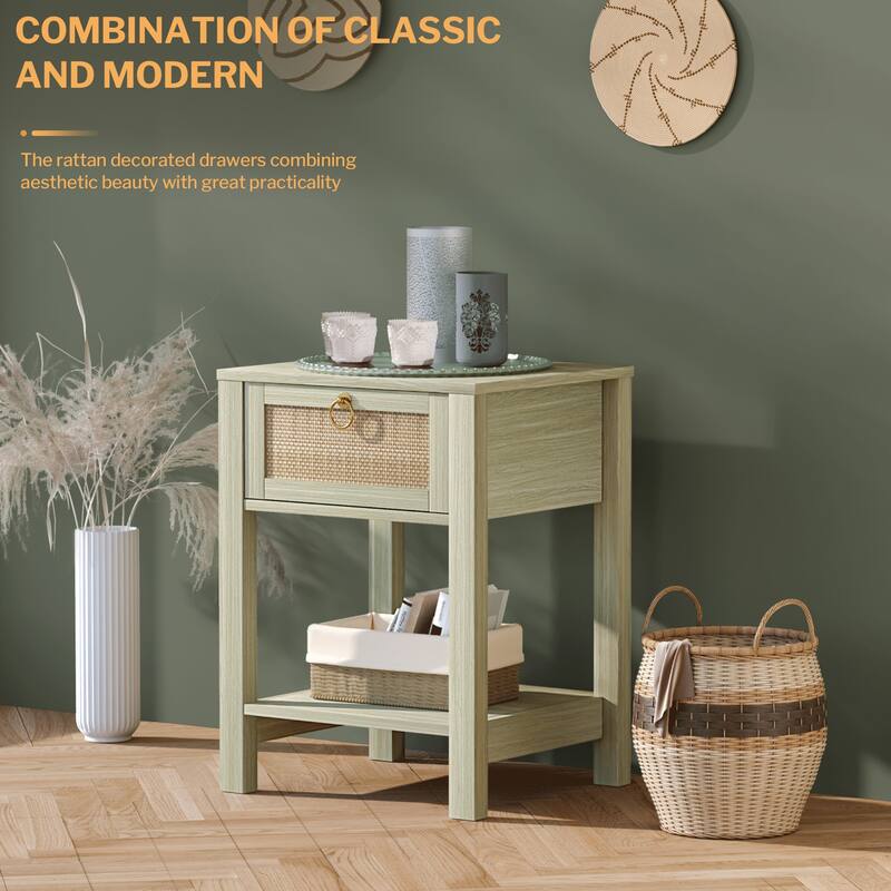 SICOTAS Farmhouse 1-Drawer Rattan Nightstand