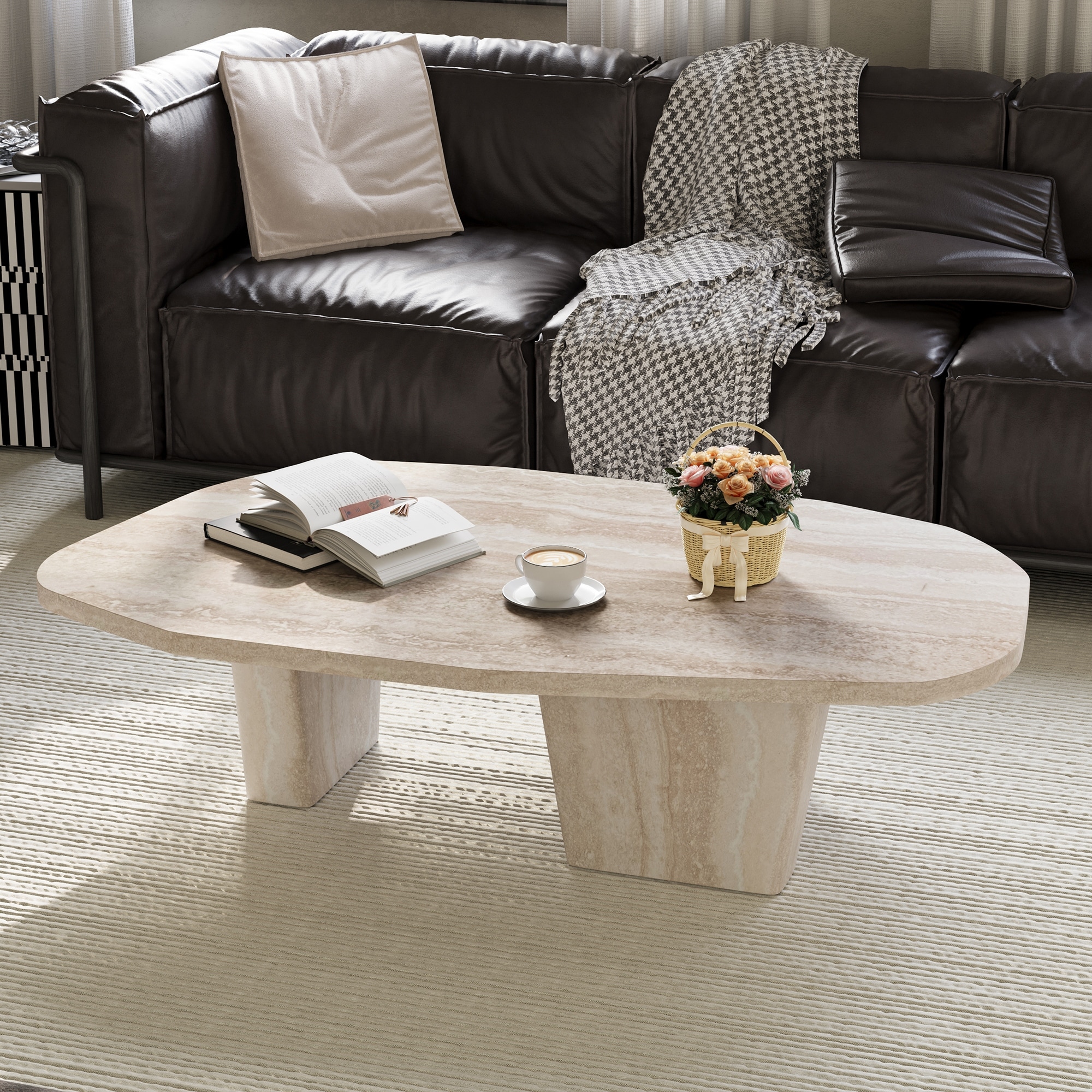 47.4" Modern Square Coffee Table for Living Room, Dual Leg Design, Available in Beige & Brown Finishes