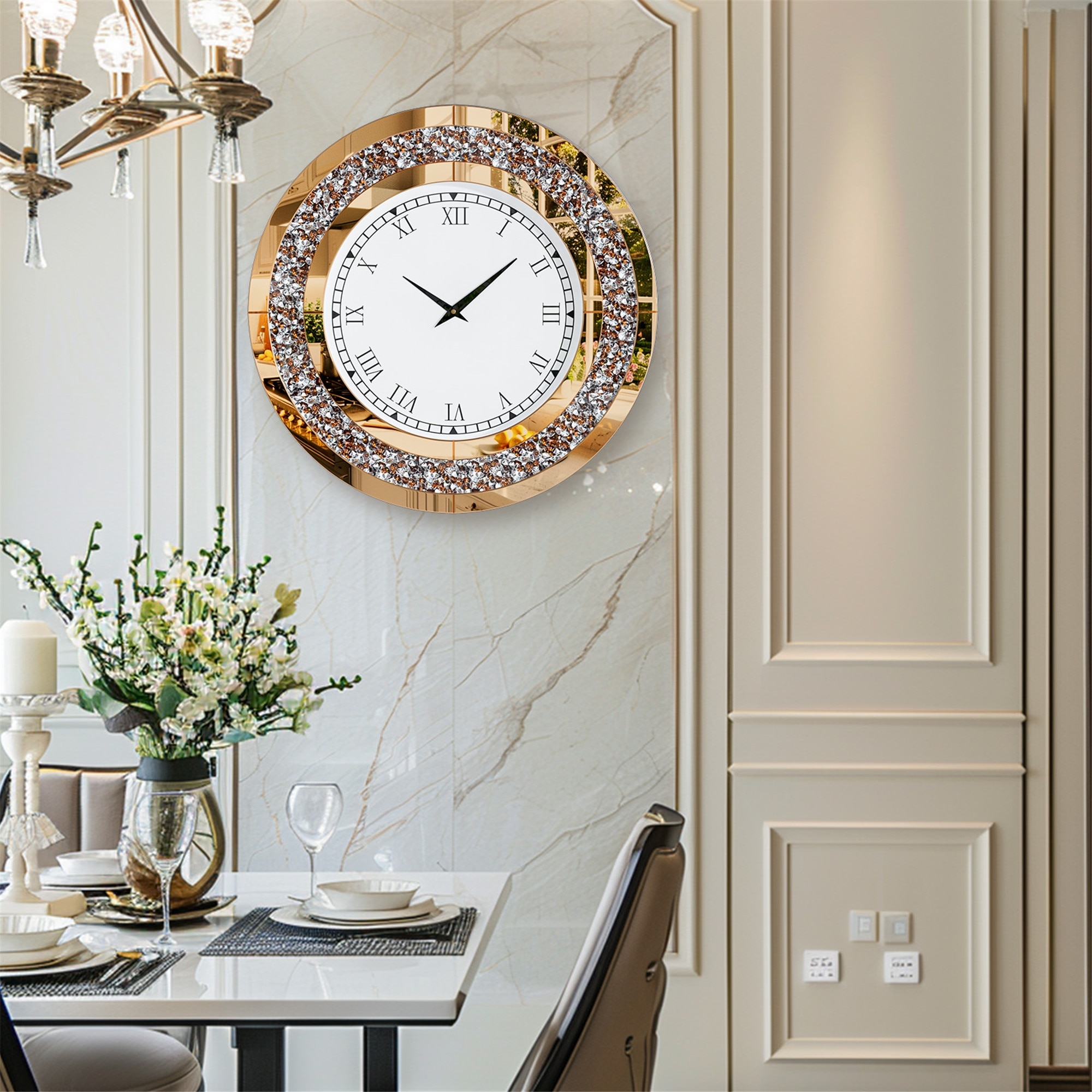 Round Mirror Clock Tinted Crushed Diamond Mirrored Wall
