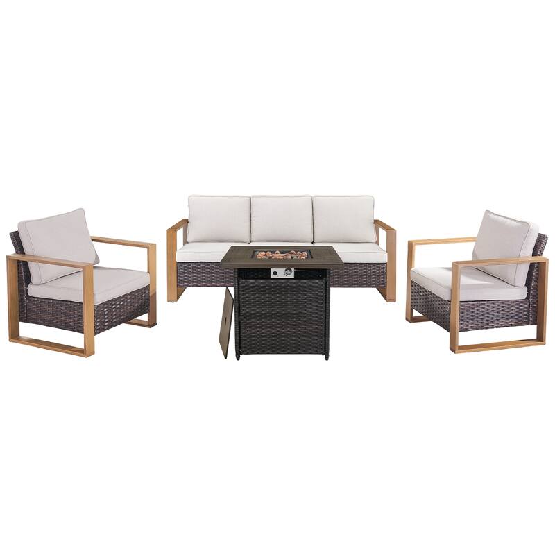 Pocassy Outdoor Fire Pit Conversation Set 3-Seat Sofa Chairs Patio Furniture Set