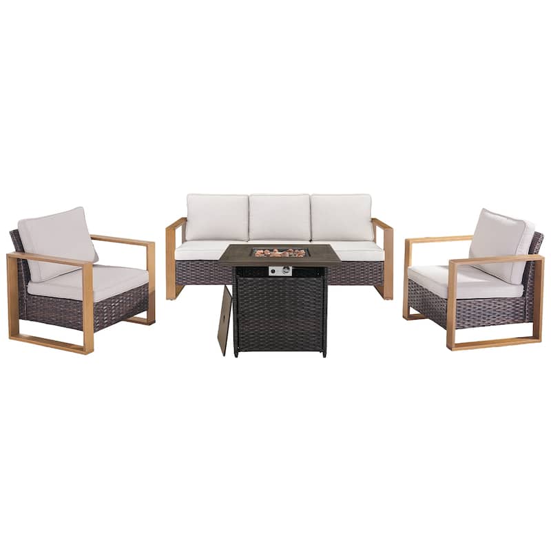 Pocassy Outdoor Fire Pit with 3-Seat Sofa Club Chairs Patio Furniture Set