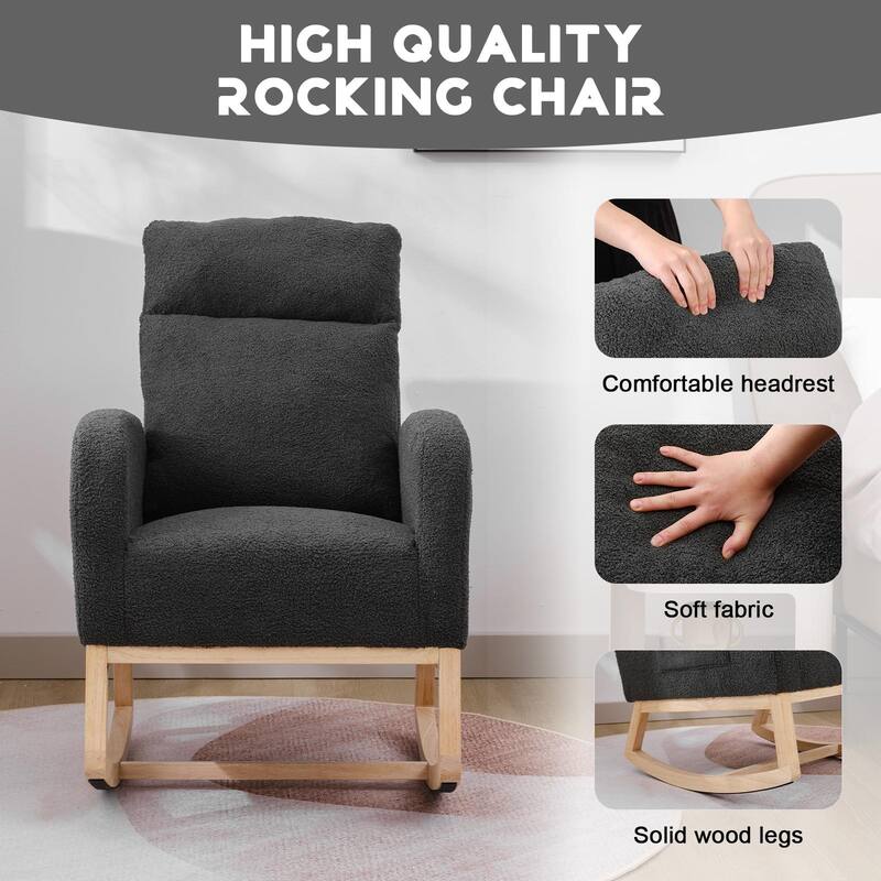 Dark Grey Polyester Wood Rocking Chair with High Back and Side Pocket - 35.43” D x 25.98” W x 40.94” H