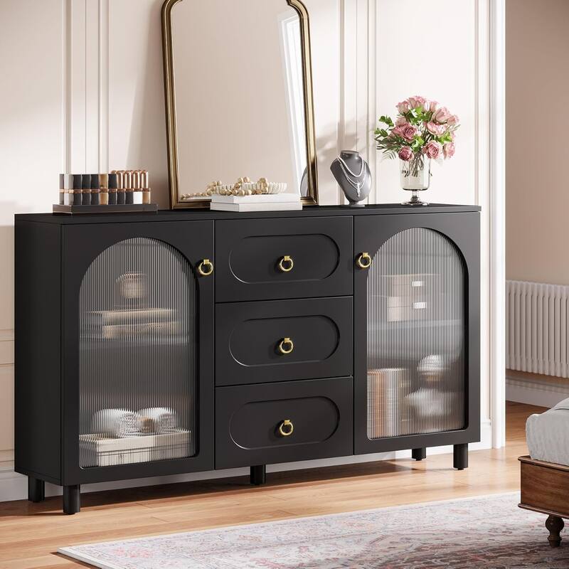 59" Large Buffet Cabinet with Storage, Wooden Storage Cabinet with 2 Acrylic Doors & 3 Drawers