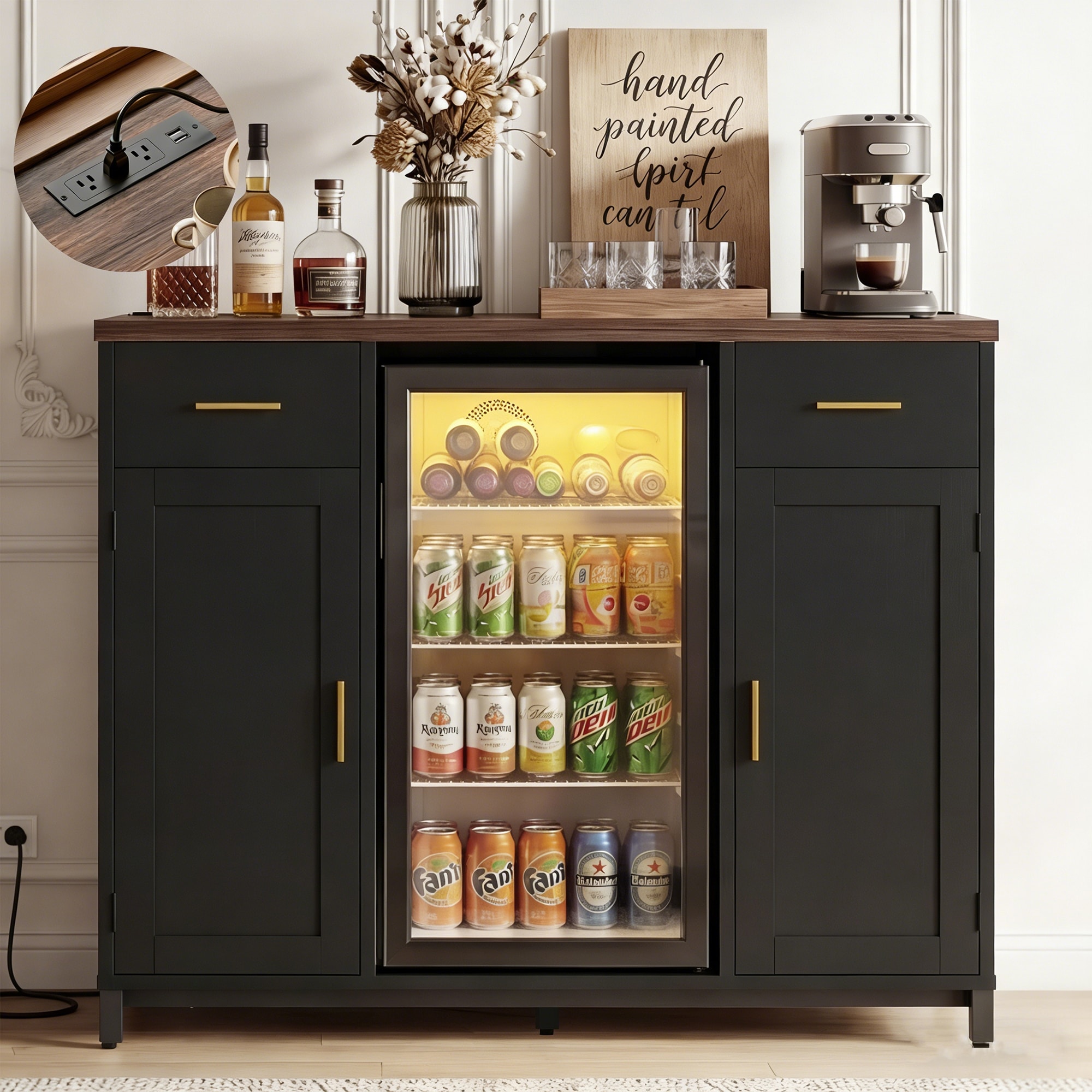 47" Coffee Bar Cabinet with Power Outlets ＆ Drawer, Kitchen Coffee Station Cabinet with Mini Fridge Space