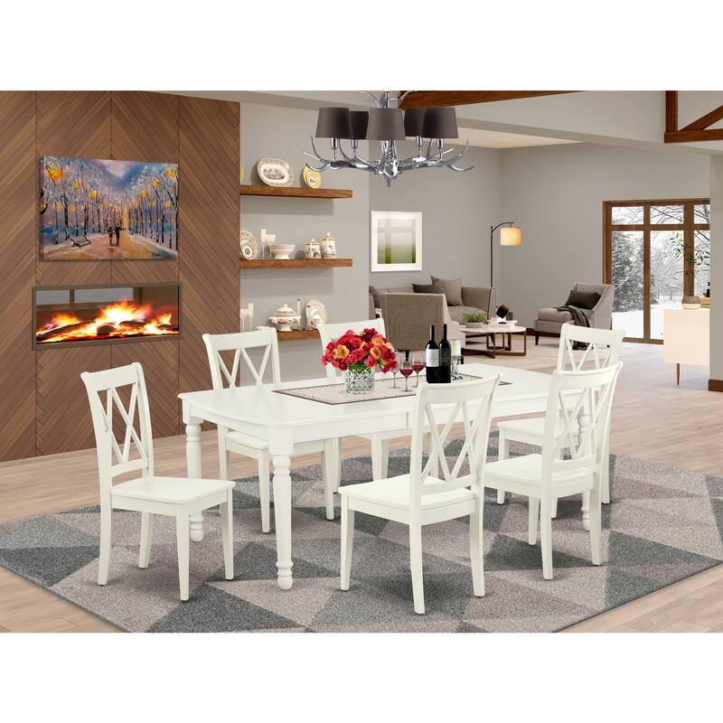 Rectangular Dining Set - 7 Piece Table & Chair Set - Linen White Finish - 60-78 Inch Table