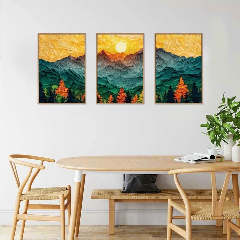 Forest Pine Tree Golden Sunset Wall Decor, Mixed Patchwork Landscape