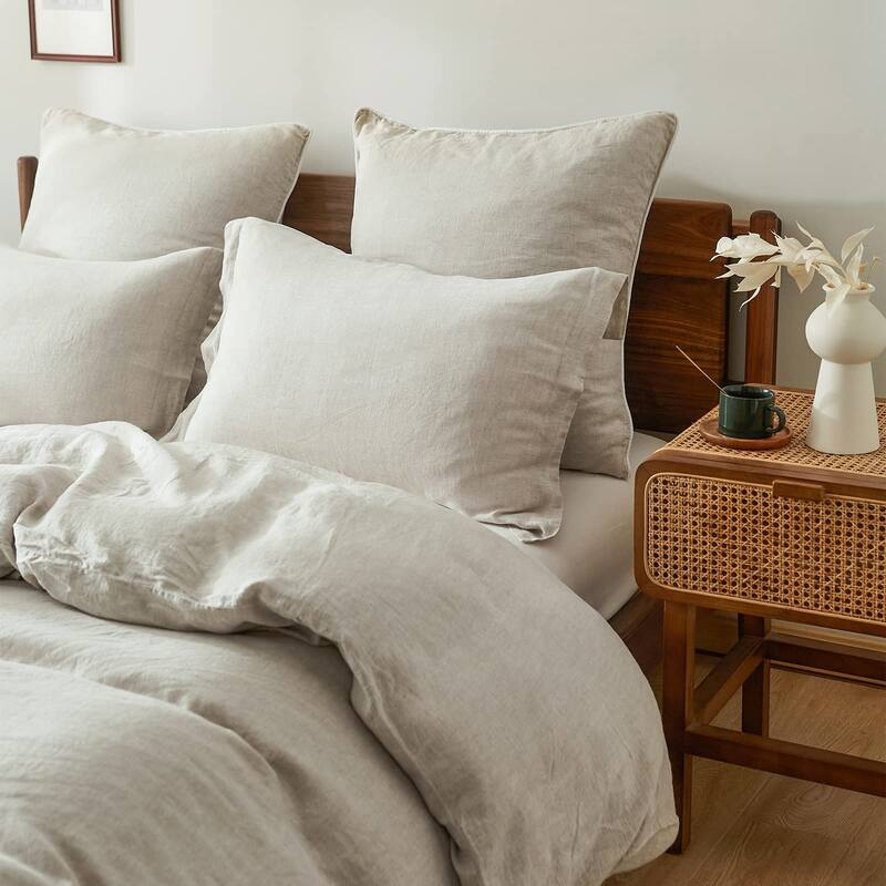 100% Linen Duvet Cover Set with Washed-French Flax-3 Pieces Basic Bedding Set-Soft Comforter Cover with 2 Pillowshams(Queen)