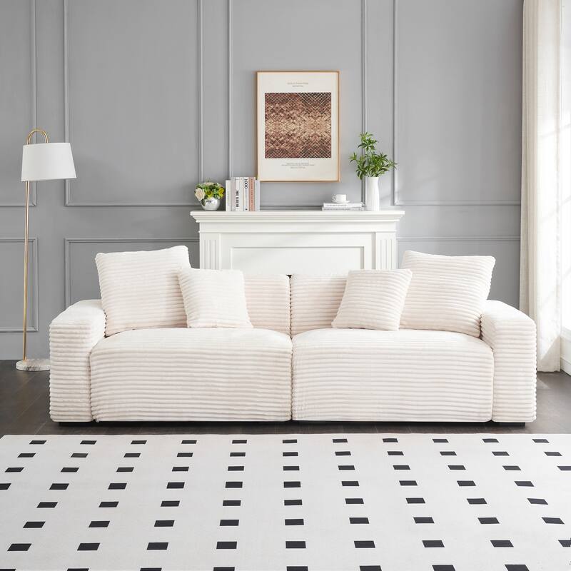 104.72-inch 4-seat Large Beige Corduroy Sofa with 4 Throw Pillows - Multi-Color