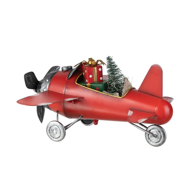 Glitzhome 14"L Christmas Metal Airplane with Gifts Table Decor
