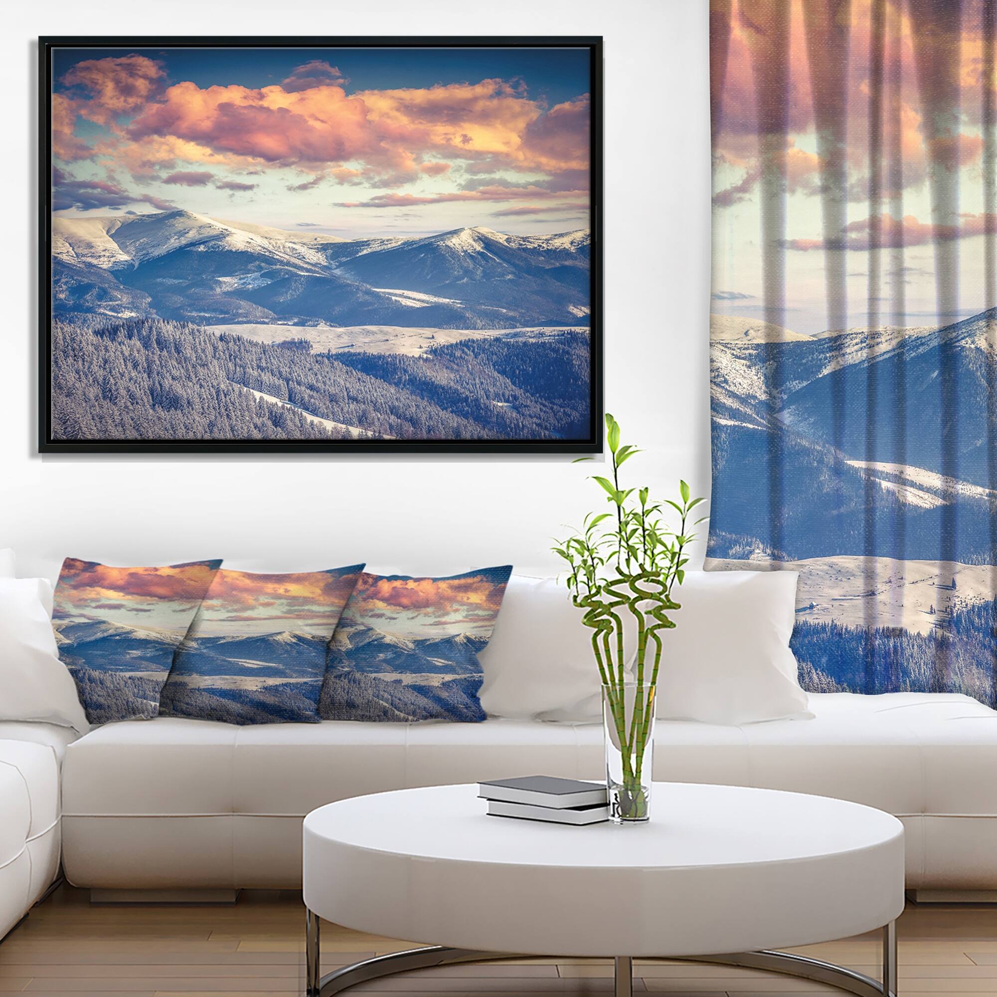 Designart "Winter Alpine Sunset over Hills" Large Landscape Framed
