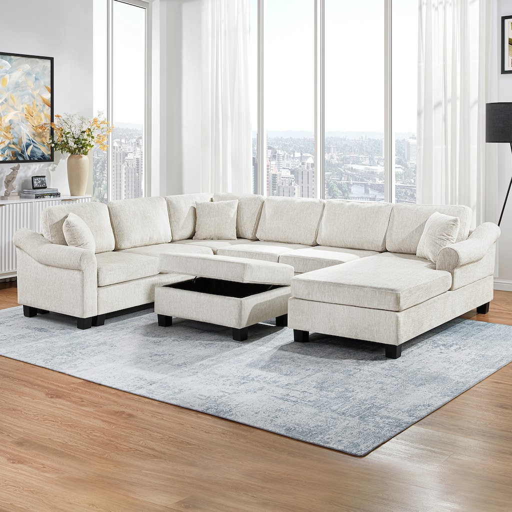 111.8" U-shaped Chenille Sofa with Storage Ottoman, White