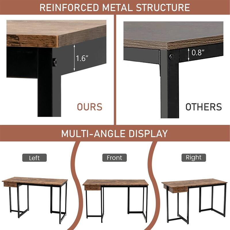Computer Home Office Desk Workstation Metal Frame W/ Drawer Rustic