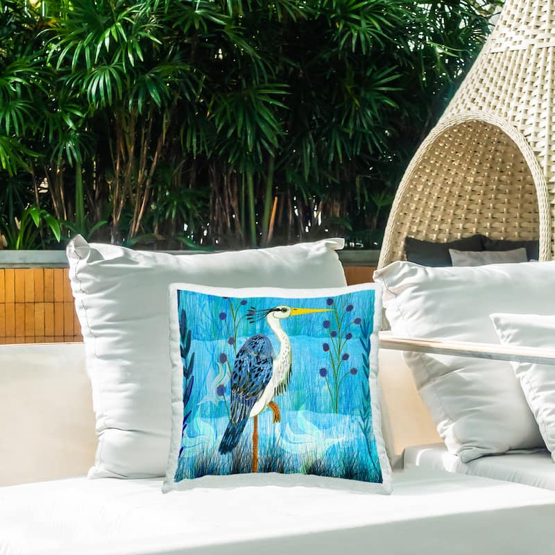 Stupell Standing Crane with Blue Tones Printed Outdoor Throw Pillow Design by Kay Widdowson