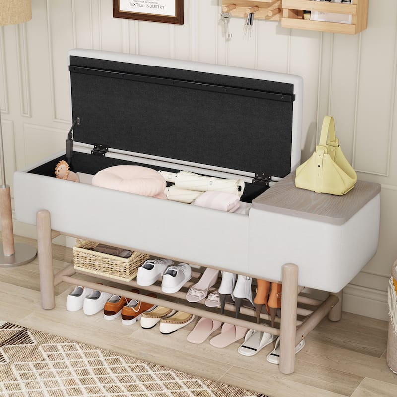 Farmhouse Upholstered Storage Bench with Hidden Compartment, Modern Entryway Bench for Living Room, Entryway, and Hallways