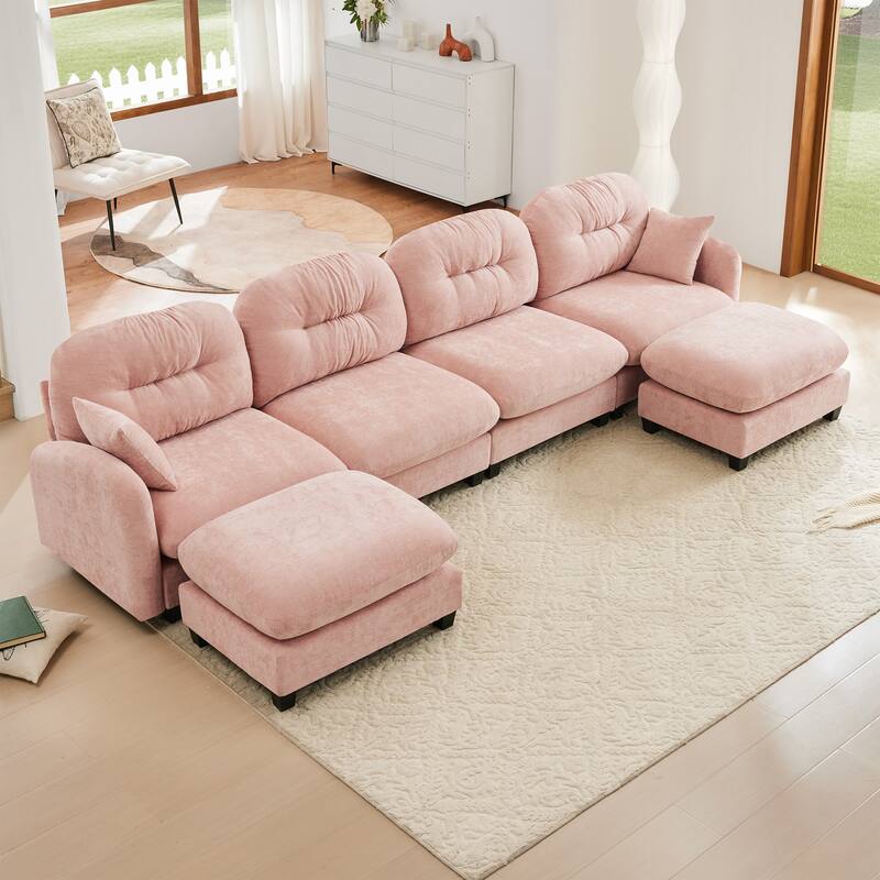 Modular Chenille Tufted Sofas Fits Bedroom, Living Rooms - Pink(4 Seat+2 Ottoman)