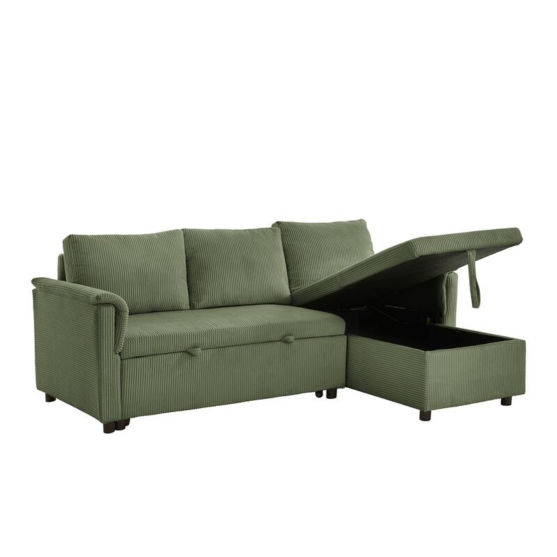 Convertible Corduroy Modular Loveseat Pull-Out Sleeper with Storage Chaise and Reclining Backrest for Living Room