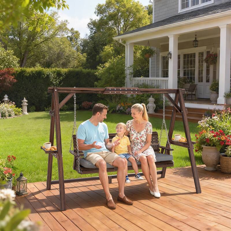 Outsunny 3 Seat Porch Swing with Stand, Wooden Patio Swing Chair with Cushion, Side Trays and Metal Chains - Tan