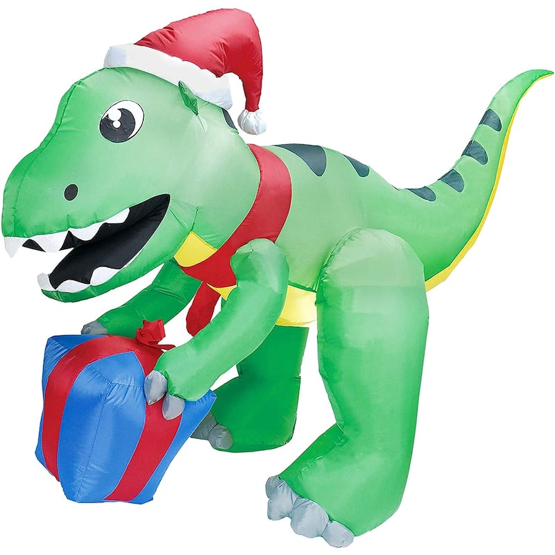 Joyfy 5ft Tall Dinosaur Inflatable with LED-lit Gift Box for Outdoor Xmas Décor
