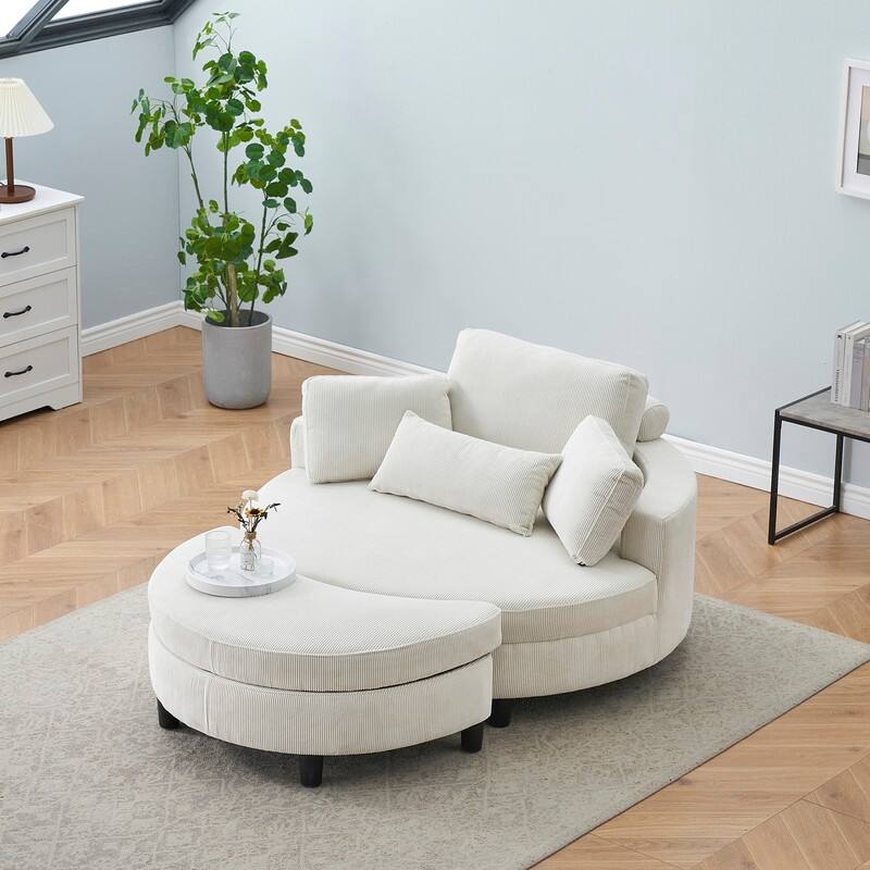 51-inch corduroy sofa with two throw pillows and a waist pillow with an extra tray