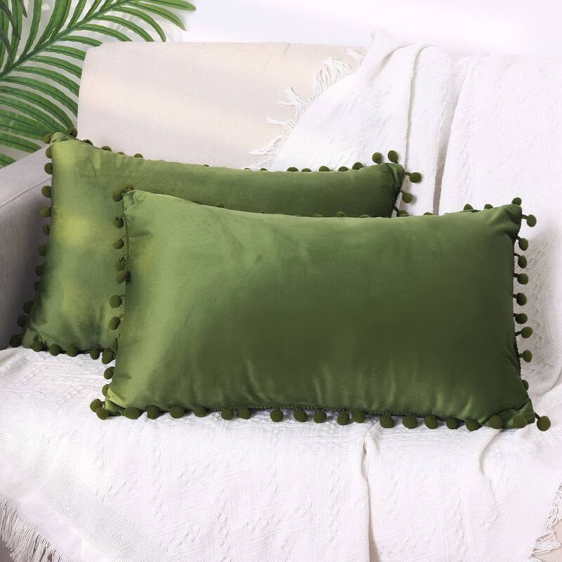 Pack of 2 Velvet Throw Pillow Covers with Pompoms Decorative Pillow Cases Fringe Cushion Covers Velvet Square Sham - Green - 12 x 20 Inch
