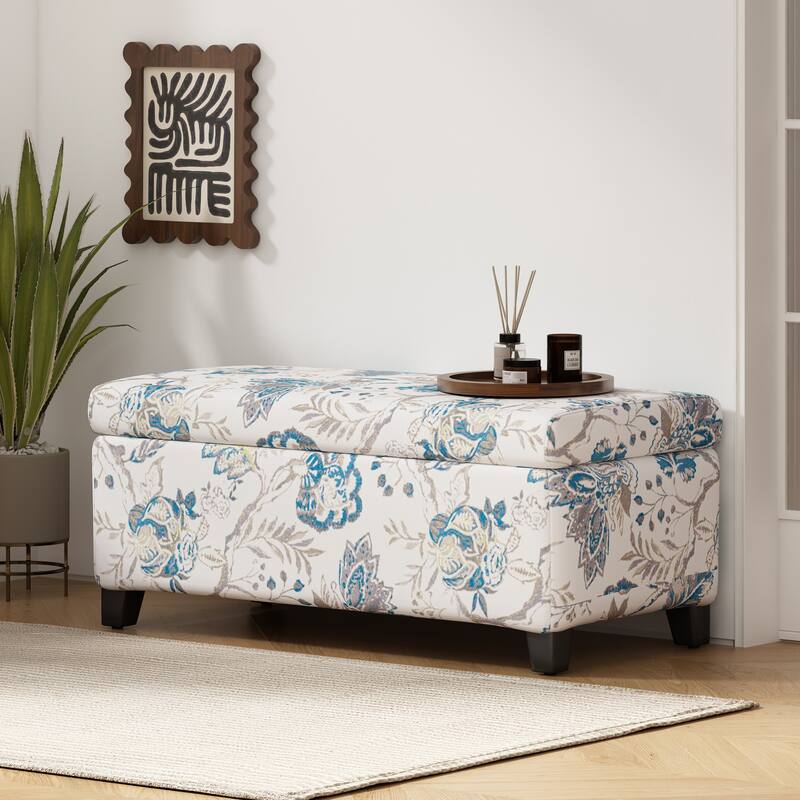 Luxury Storage Ottoman with Floral Patterned Fabric, Soft-Close Hinges, Multi-Functional Footrest Seat for Living Room