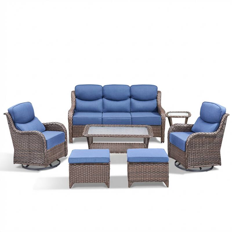 Meyreso 7-Piece Wicker Patio Conversation Set with Swivel Gliders and 6-Inch Thick Cushions